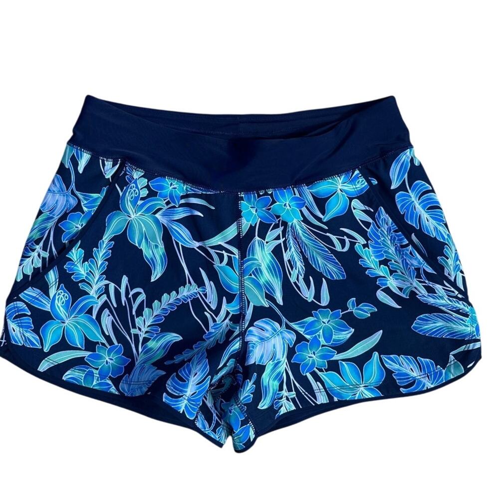 Lands End Women's Swim Short Size 6 Navy Blue Floral Print Elastic Waist Pockets